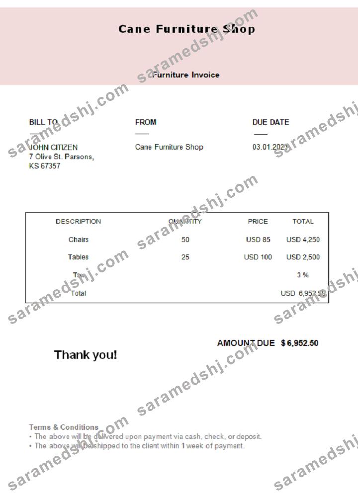 USA Cane Furniture Shop invoice